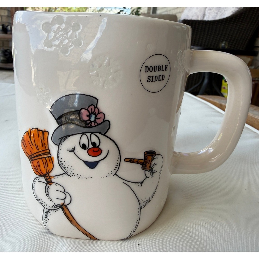 Rae Dunn Frosty the Snowman Christmas Mug Artisan Collection Blue Interior White
